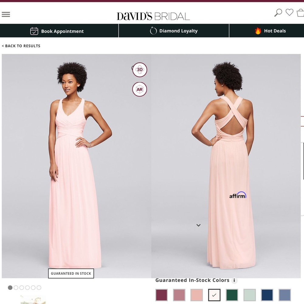 David’s Bridal Mesh Long Bridesmaid Dress with Crisscross back W10974Petal